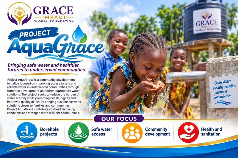 Project AquaGrace poster: a young girl drinks from a borehole tap beside a Grace Impact water tank while other children smile. Its focus: borehole projects, safe water access, community development, and health and sanitation.