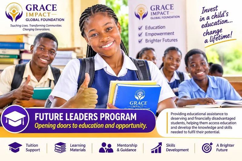 Future Leaders Program poster: a smiling schoolgirl in uniform holds her books and gives a thumbs up, with classmates behind her. It lists tuition support, learning materials, mentorship and guidance, skills development and a brighter future.